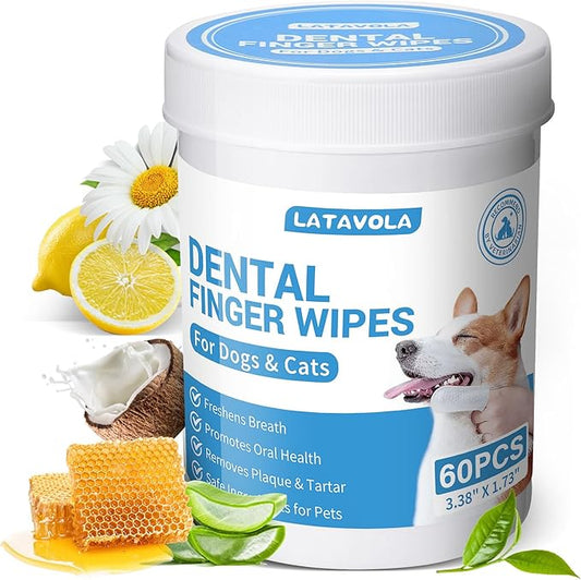 No-Rinse Dog Dental Care Wipes, Cat & Dog tooth brushing kit, Dog Wipes for Pet & Cat Teeth Cleaning, Dog toothbrush Finger Dental Wipes to Remove Plaque & Tartar, Disposable Dog Wipes - 60 Count