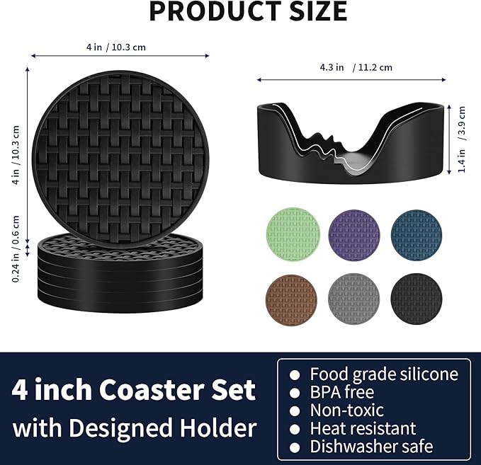 Black Silicone Drink Coaster Set of 6 with Holder, 4 Inches Decorative Coasters, Heat Resistant & Waterproof for Home, Kitchen Non-Slip Cup Mat for Bar, Coffee, Beer