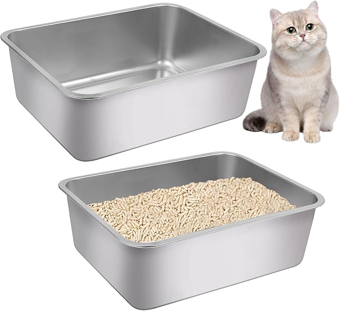 2Pcs Stainless Steel Cat Litter Box, Metal Kitty Litter Box with High Sides, Rust Proof Litter Tray Pan, Pet Toilet for Kitten Rabbit, Non Stick Non Odor, Easy to Clean, 17.5 x 13.5 x 6 in