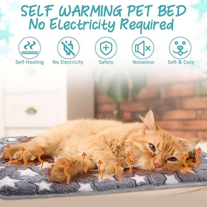 2 Pack Self Warming Cat Mat Self Heating Cat Pad Cat Bed Reversible Machine Washable Reflects Body Heat Warm Thermal Pet Pad Crate Blanket for Feral and Indoor Cat(Star,20'' X 30'')