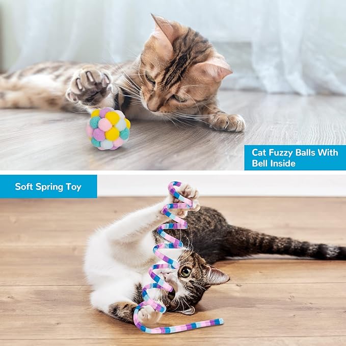 Retro Shaw Cat Toys, Cat Wand Teaser Toys Cat Fuzzy Balls with Bell Inside and Cat Springs, Interactive Cat Toys for Indoor Cats Kittens Kitty, 3 Pack
