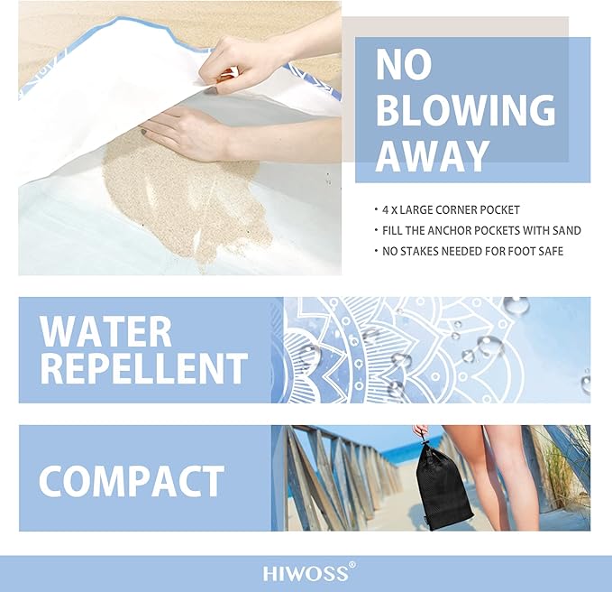 Beach Blanket Waterproof Sandproof Oversized 95”x 80”,Sand Free Beach Mat with Corner Pockets,Portable Mesh Bag for Beach Festival,Picnic,Travel and Outdoor Camping (LightBlueMandala)