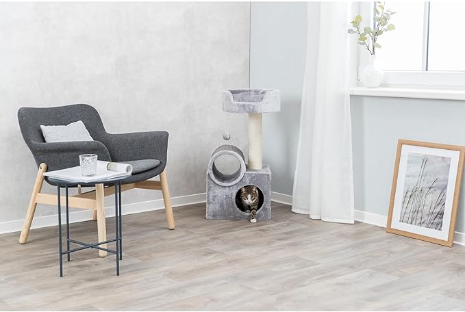 TRIXIE Tolar Cat Scratching Post 31.5 Inch - with Durable Sisal Rope and Tunnel, Condo, Platform with Removable Cushion & Dangling Cat Toy - in Gray