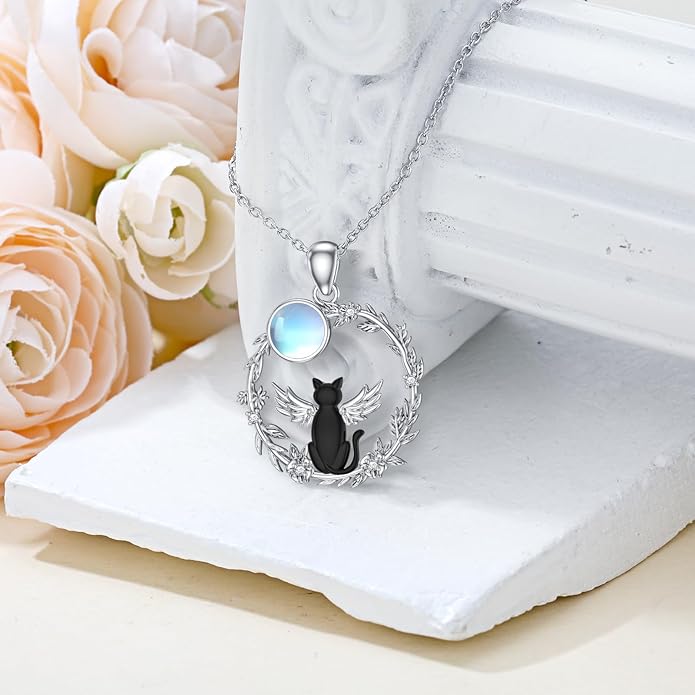 Black Cat Necklace for Women 925 Sterling Silver Moonstone Necklace Cat Pendant Necklaces Ladies Cat Jewelry Birthday Cat Gifts for Mom Cat Lovers