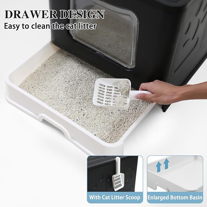 Bolux Foldable Cat Litter Box with Lid, Extra Large Litter Box with Cat Litter Scoop, Drawer Type Cat Litter Pan Easy to Scoop & Low Tracking (Black XL)
