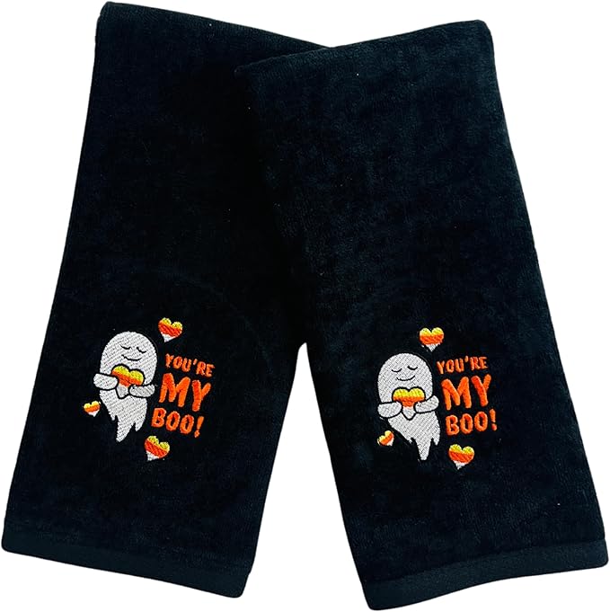 Halloween Hand Bathroom Towels Set of 2 – Embroidered Cotton Ghost & Candy Corn 16 x 25” – Spooky Home Decor for Bath or Kitchen