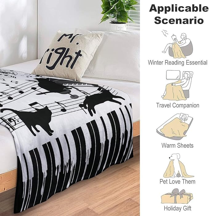 Piano Keys Cat Print Blanket Music Notes Musical Throw Blankets for Couch Sofa Bed Stuff Decor Gifts Soft Cozy Fleece Plush Warm Flannel Bedding for Lover Men Women Girls Boys Teen Adults 50"x60"