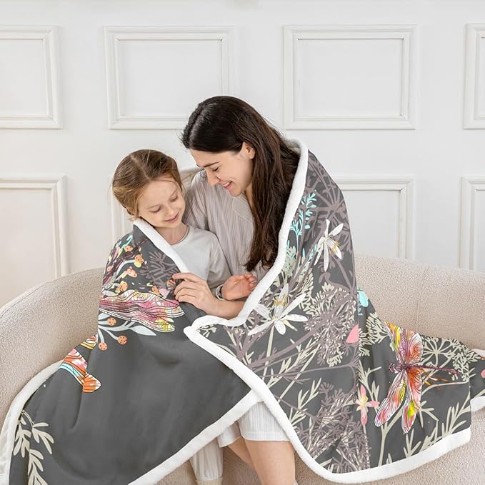 Feelyou Dragonfly Sherpa Blanket Throw 50x60 Inches Botanical Floral Fleece Throw Blanket for Kids Girls Teens Women Bedroom Decor Nature Animals Branches for Sofa Bed Couch Grey