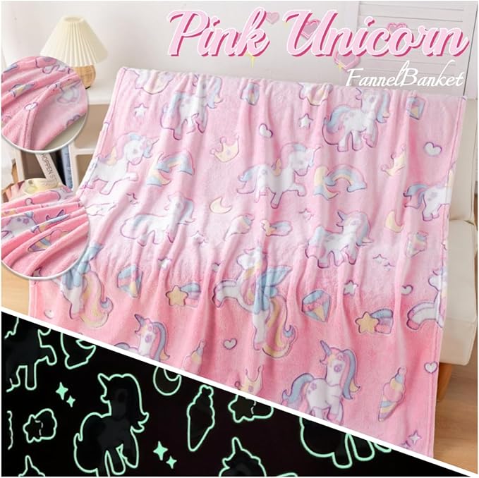 2025 Best Gift Unicorns Gifts Glow in The Dark Blanket Unicorns Gifts for Girls,Toys for 2 3 4 5 6 7 8 9 10 Year Old Girl Gifts,Soft Kids Blankets for Birthday Valentines Best Gifts,50"x60" Pink