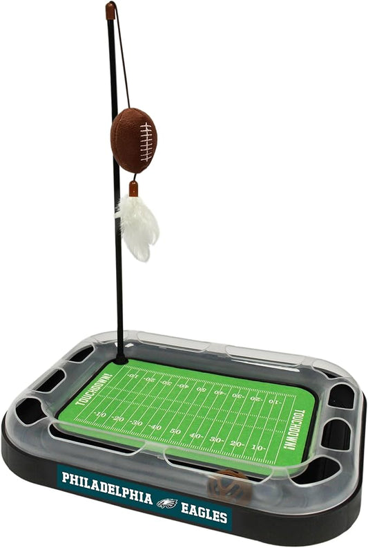 KITTY TOYS NFL PHILADELPHIA EAGLES FOOTBALL FIELD CAT SCRATCHER TOY with CATNIP Filled Plush FOOTBALL Toy & Feather Cat Toy hanging, with Jingle Bell INTERACTIVE BALL Cat Chasing 5-in-1 KITTY Toy