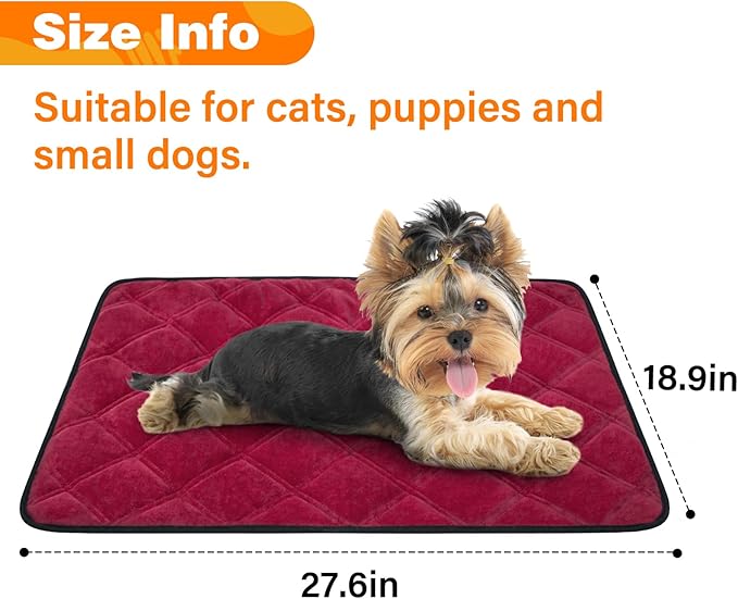 Self Warming Cat Bed, Pet Crate Pad for Indoor and Outdoor, Washable Heating Cat Mat Bed with Non-Slip Bottom for Cats, Puppy and Small Dogs - Deep Red, S:19"x28"