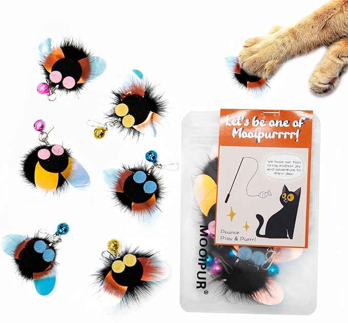Cat Toy Insect Replacements, 6 Pcs Small Fly Set for Cat Wand Toys, Cat Door Hang Toys, Bug Refills with Bells, Handmade(Small Fly Set)