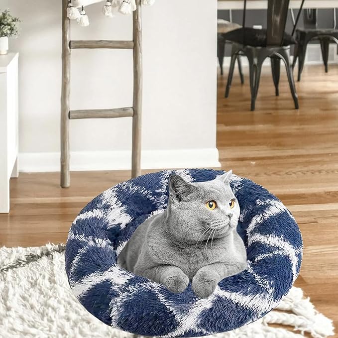 Dog Bed for Indoor, Faux Fur Calming Dog & Cat Bed 24' Anti-Anxiety Donut Soft Plush Cushion for Small Medium Dogs & Cats with Slip-Resistant Bottom(Cyan+White)