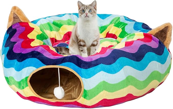 LUCKITTY Large Cat Tunnel Bed with Plush Cover,Fluffy Toy Balls, Small Cushion and Flexible Design- 10 inch Diameter, 3 ft Length- Great for Cats, and Small Dogs, Rainbow Wave Color