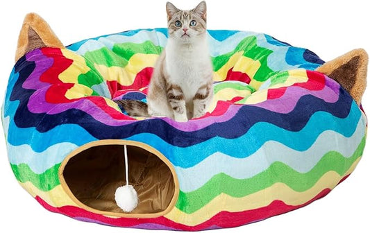LUCKITTY Large Cat Tunnel Bed with Plush Cover,Fluffy Toy Balls, Small Cushion and Flexible Design- 10 inch Diameter, 3 ft Length- Great for Cats, and Small Dogs, Rainbow Wave Color