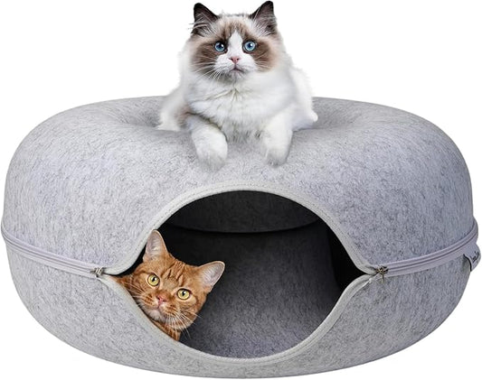 ESPIDO-Premium Cat Cave for Small Pets, Multifunctional Donut Tunnel Bed for Indoor Pets, Round Felt Pet Cave with Premium Zipper, for Pets up to 40 Lbs (24x24x11 Inch) (Light Gray)