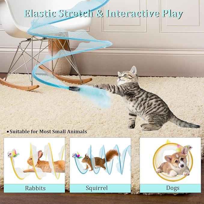 Folded Cats Tunnel Toy for Cats, Collapsible Cats Spring Tunnels Toy with Feather Mouse Toys, Played Tunnels Cats Tunnel Bed Tube Inside Cats, Interactive Cats Toy for Puppy Kitten