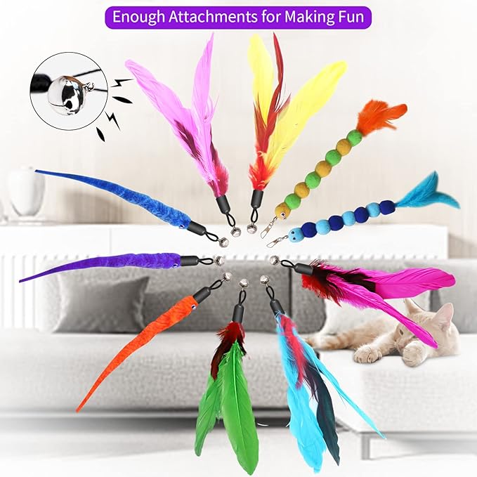 Cat Toys, 2PCS Retractable Cat Feather Toys, 10PCS Replacement Teaser Refill, 1PC Rainbow Ribbon Wand Interactive Kitten Toys for Indoor Cat Make Exercise