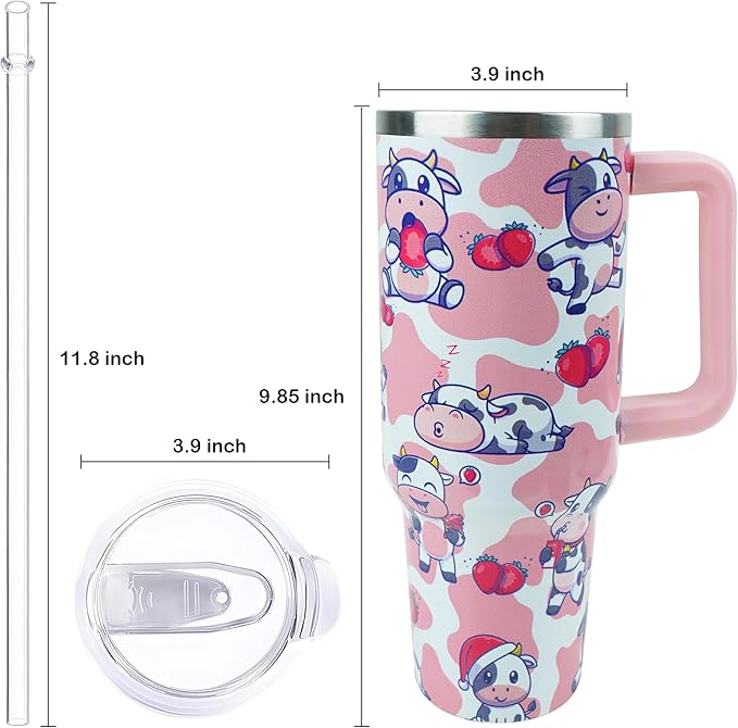 40 oz Tumbler with Handle and Straw, Stainless Steel Insulated Cup with Leak Proof Lid and Straw Lid, Keep Drinks Cold and Hot for Hours（Strawberry Cow）