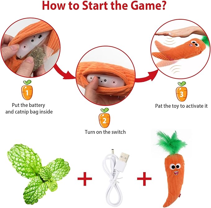 Gigwi Interactive Cat Toys, Rechargeable Flapping Carrot with SilverVine Catnip, Beating Tails Cat Toys for Indoor Cat, Touch Activated Best Gift For Birthday, Thanksgiving, Christmas, New Year