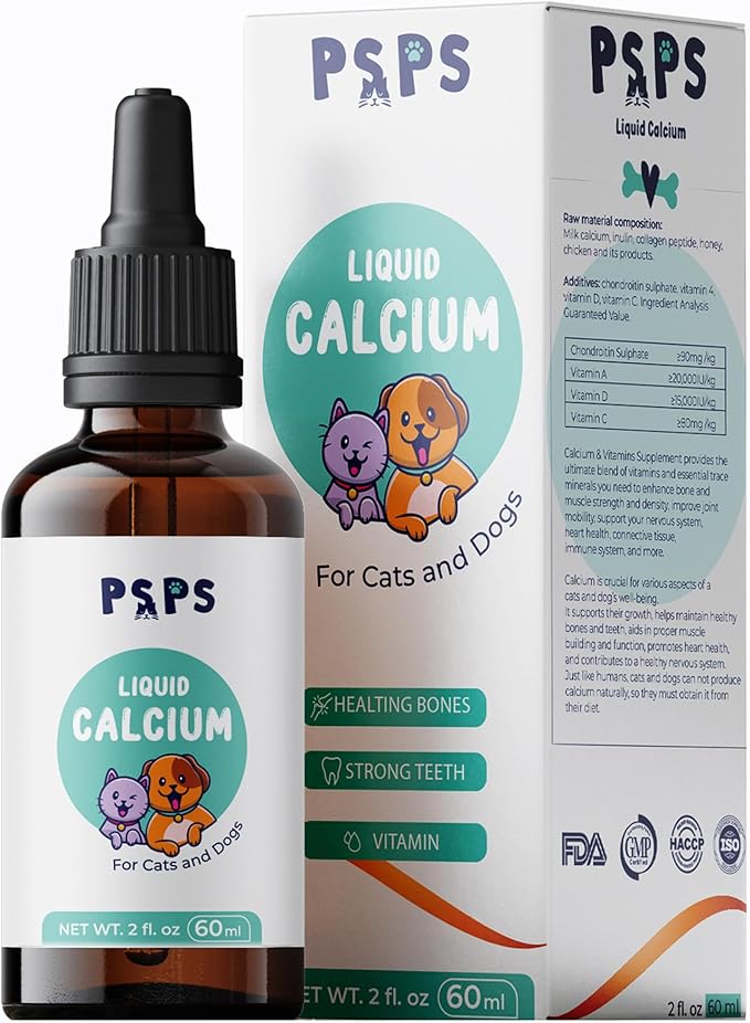 Calcium Liquid Supplement for Dogs & Cats with Added Vitamin A, Vitamin C, Vitamin D – Promotes Strong Bones, Immune Support, and Overall Pet Wellness – 2 Fl. Oz.