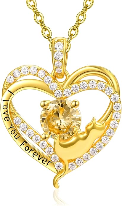 Birthstone Cat Necklaces,925 Sterling Silver Cat Necklace Heart Pendant for Women,Dainty Animal Jewelry for Her,Wedding Anniversary Birthday Gifts for Women Mom Grandma