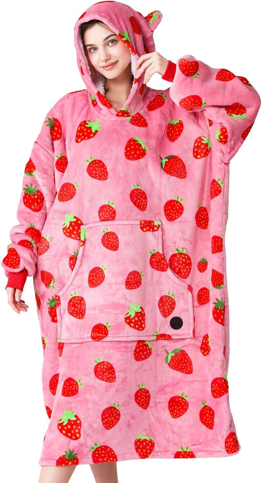 THREE POODLE Wearable Blanket Hoodie, Oversized Sherpa Sweatshirt Blanket for Adults Women Men, Warm Cozy Strawberry Hooded Blanket, Gifts for Mom Girlfriend