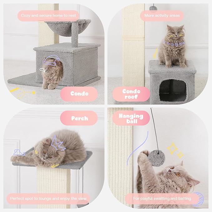 Small Cat Tree, 31 Inches Tall Cat Scratching Post with Perch & Condo, Natural Woven Sisal Cat Post Sctacher, Kitten Scratching Posts for Indoor Cats, Cat Scratch Tower with Fluffy Ball, Gray