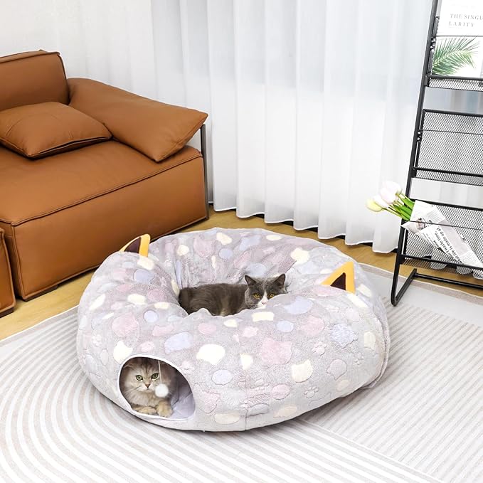 Large Cat Tunnel Bed for Indoor Cats - Soft Plush Peekaboo Cat Cave Donut Tunnel for Small Medium Large Cats, Kittens, Rabbit, Puppy
