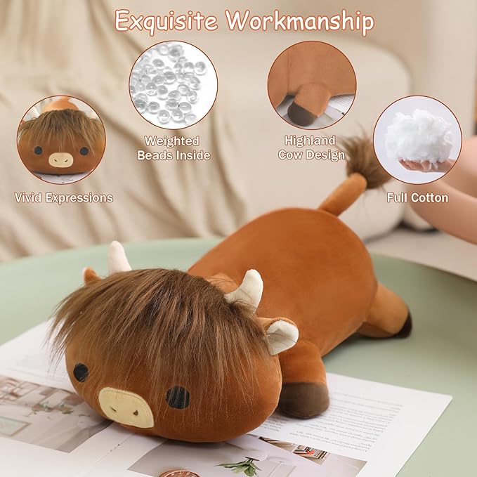 SQEQE Weighted Highland Cow Plush, Weighted Highland Cow Stuffed Animal, Cute Cow Plushies Soft Pillow Toy Gift for Kids Adults 9.8 Inch, 0.8 Lbs
