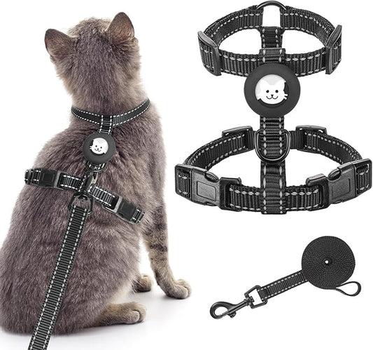 BINGPET Cat Harness and Leash Set Escape Proof for Walking,Adjustable Kitten Harness with Airtag Holder for Small Medium Large Cats,Easy Control Soft Harness with Reflective Stripes(Black Reflective)
