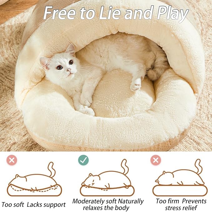 Cat Bed - Pet Slipper Cave Bed for Indoor Cats and Small Dogs, Self Warming, Cozy & Soft Plush, Anti-Slip & Durable, Washable for Kittens and Puppies Under 15 lbs (24"x16", M, Light Brown)