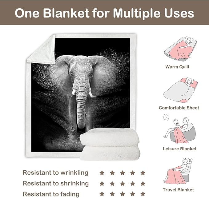 Sleepwish African Elephant Fleece Throw Blanket for Kids Girls Boys Soft Plush Black Grey Elephant Sherpa Blanket for Couch Chair, Baby (30"x 40")