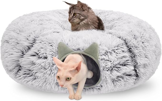 Cat Tunnel Bed for Indoor Cats, Soft Plush Donut Peekaboo Cat Cave, Multifunctional Playground Toy for Small Medium Large Cats, Kittens, Rabbits, Ferrets, with Washable Cushion(Grey)