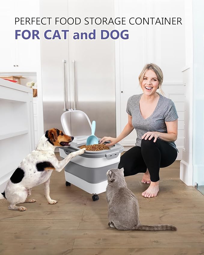 ANVS 20-40lbs Dog Food Storage Container, Collapsible Dog Food Container with Casters, Scoop and Small Container, Keep Dry Food Fresh,Easy to Move, Large Pet food storage for Dog, Cat