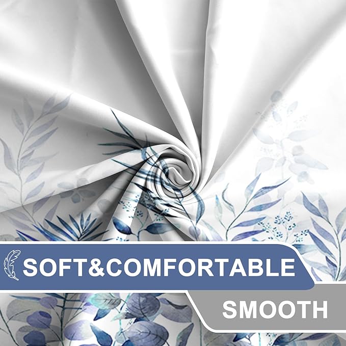 AWERT Shower Curtain Plants for Bathroom,Waterproof Quick-Drying Blue Leaves Shower Curtain Set with Hooks 48x72 Inch