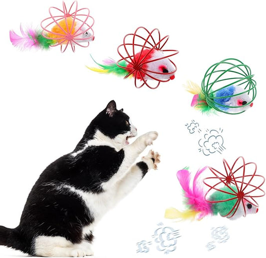 Cat Toys 4pcs, Interactive Cat Ball Toy with Mice Inside, Best Cat Toys for Bored Indoor Cats, Cat Stocking Stuffers, Cat Feather Toy, Catnip Ball, Spring Cat Toy, Cat Toys Ball for Kittens and Cats,