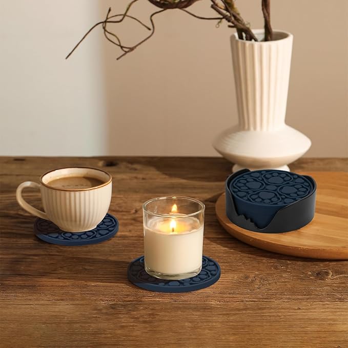 Blue Silicone Coffee Coasters Set of 6 with Holder - 4 Inch Non-Slip Cup Mats, Modern Bar Coasters for Desk, Table, Drink, Beer, Berverage - Dishwasher Safe