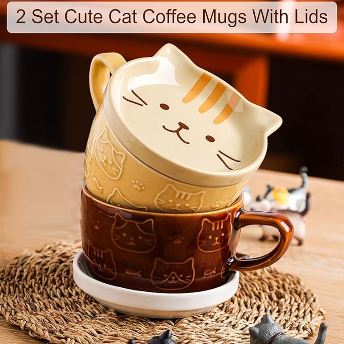 BigNoseDeer 2PCS Cute Cat Tea Cup Ceramic Coffee Mugs with Lid, Dessert Tea Cups and Saucers for Cat Lovers, Christmas Gifts 10oz (Yellow+Brown)