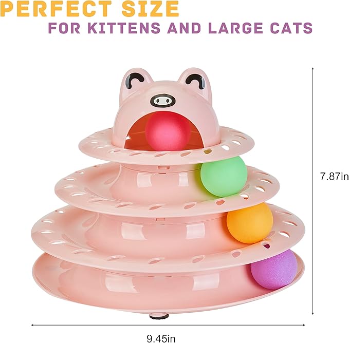 Gefryco Cat Toys Roller Track for Indoor Cats, Turntable 4-Tier Cat Tower Toy with Colorful Chase Balls, Multi-Level Fun Interactive Cat Toys, Puzzle Kitten Exercise Toys Self Play(Pink)