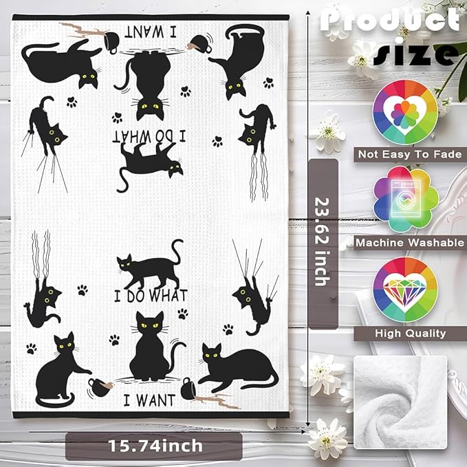 Cat Hand Towel, Black, Polyester, Farmhouse Style, Cat Pattern, Kitchen Decoration