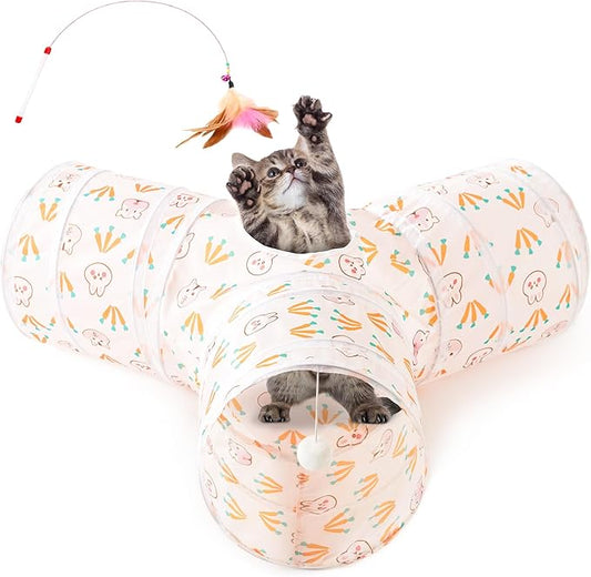 Love's cabin Cat Tunnel Tube Cat Toys 3 Way Collapsible, Cat Tunnels for Indoor Cats，Kitten Tunnel Bored Cat Play Tunnel with Peek Hole Toy Ball for Cat, Kitty, Kitten, Rabbit, Puppy Pink-Rabbit