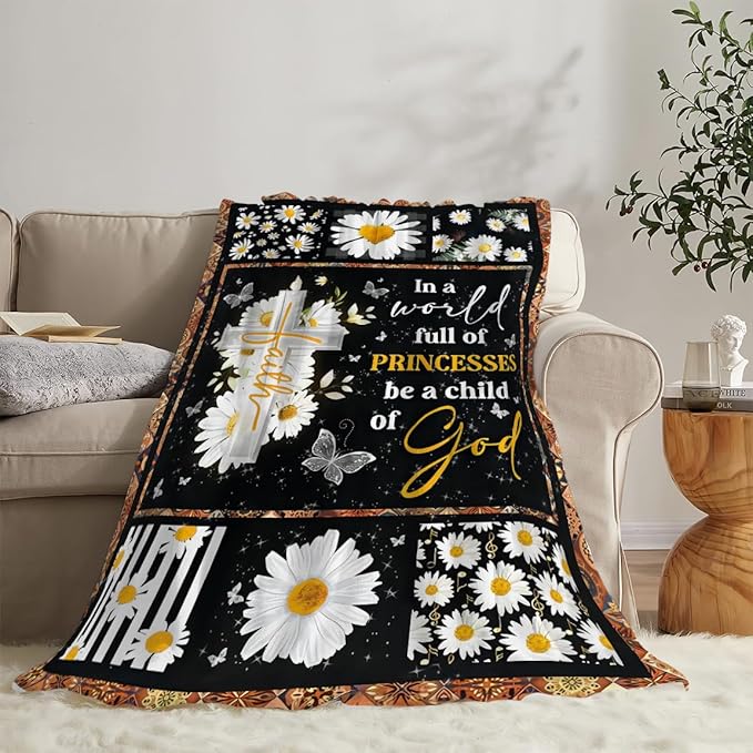 Christian Daisy Cross Print Blanket Bible Verse Religious Faith Flower Throw Blankets Gifts for Couch Sofa Bed Stuff Decor Lightweight Cozy Fleece Plush Flannel Bedding for Lover Men Women 60"x80"