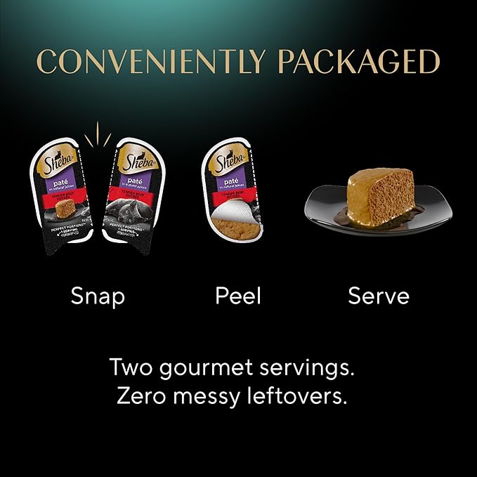 Sheba Perfect Portions Paté Adult Wet Cat Food Trays (24 Count, 48 Servings), Tender Beef Entrée, Easy Peel Twin-Pack Trays