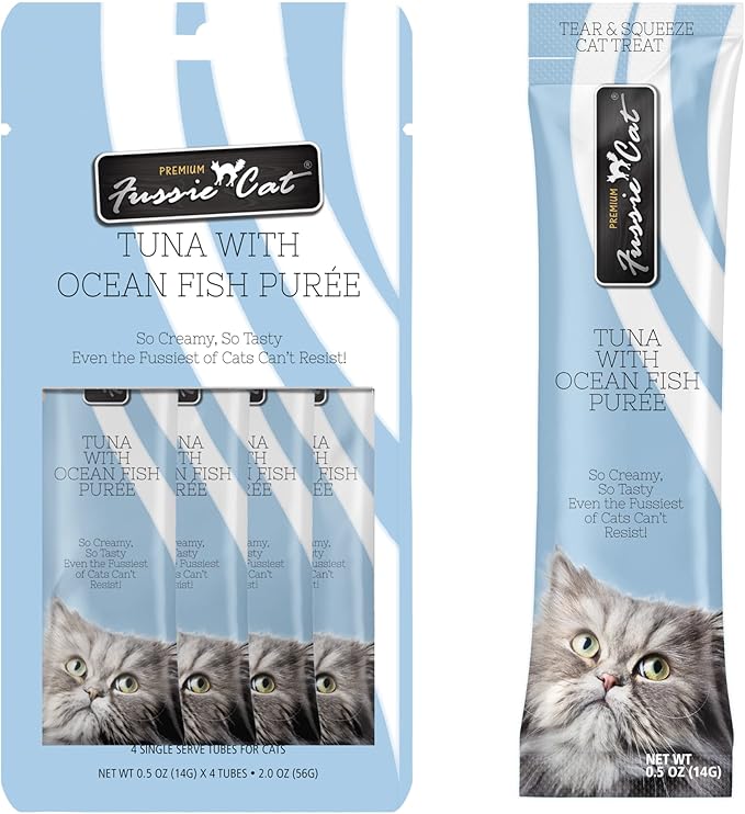 Fussie Cat Tuna with Ocean Fish Puree, lickable cat Treats, 0.5oz Pouch Pack of 4