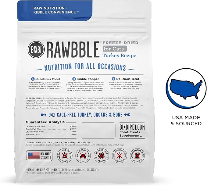 BIXBI Rawbble Freeze Dried Cat Food, Turkey Recipe, 3.5 oz - 94% Meat and Organs, No Fillers - Pantry-Friendly Raw Cat Food for Meal, Treat or Food Topper - USA Made in Small Batches