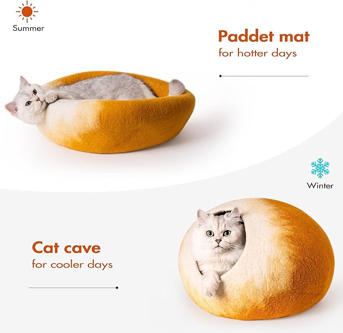 Cat Cave Bed -Handmade Wool Cat Bed Cave, Cat Bed Cat House, Felt Cat Caves for Indoor Cats and Kittens(Yellow/White)