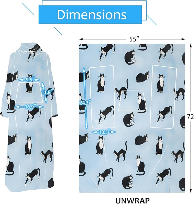 Solaris Wearable Cat Pattern Blanket with Sleeves, Super Soft Warm Snuggy Body TV Throw Blanket for Home Office Lounge, Cat Gift for Adult Women Men