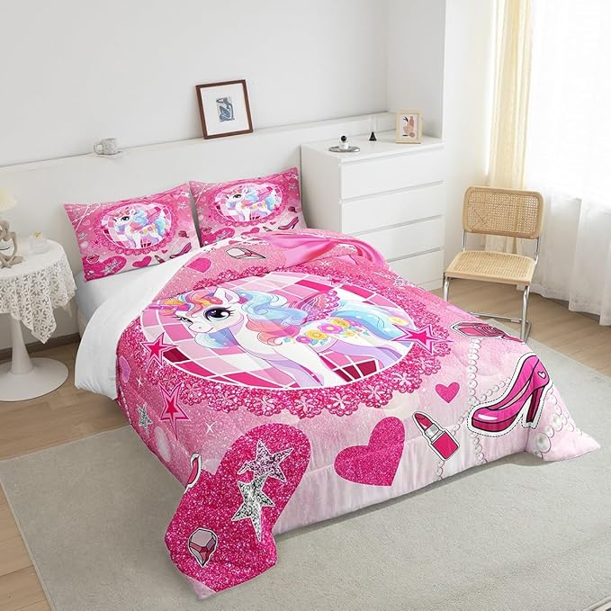 Cartoon Unicorn Kids Comforter Set Full Size,Bowknot High-heeled Shoes Lip Romantic Bedding Set,Girls Women Room Decor,Stars Sparkling Princess Down Comforter,Pink Cute Duvet Insert,2 Pillowcases