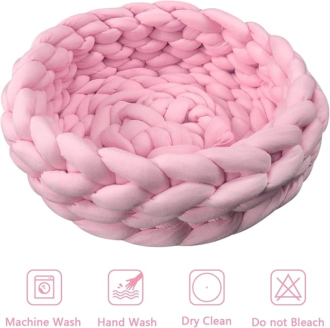 Lucky Monet Cat Basket Bed Cotton Knitted Round Pet Beds for Cats Cute Boho Cat Pet Bed Warm Woven Cat Nest for Puppy Kitten Cats Dogs (11.8", Pink)